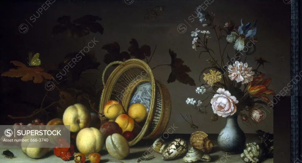 Fruit and Flowers with Shells and Insects on a Ledge  Balthasar van der Ast (1593-1654/Dutch) Oil on wood panel 