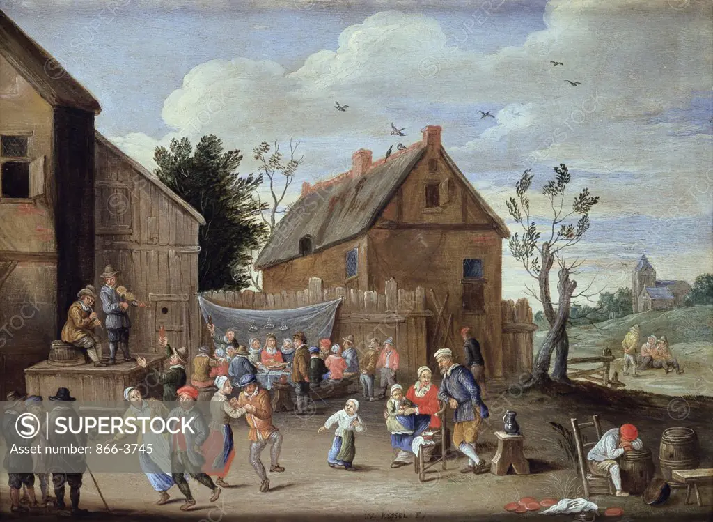 A Wedding Feast In The Courtyard Of An Inn And Gentry At A Village Kermesse Jan van Kessel (1612-1679 Flemish) Oil On Canvas Christie's Images, London, England