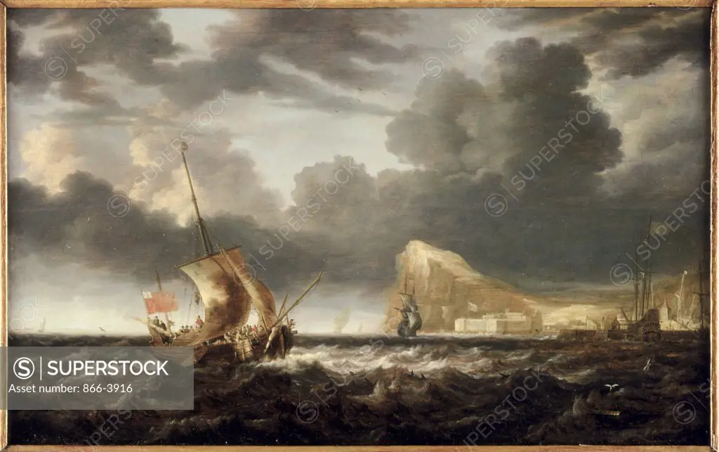 Dogger Flying The Red Ensign And Other Shipping In Choppy Seas Off The Rock Of Gibraltar, A Peeters, Bonaventura I(1614-1652 Flemish) Oil On Canvas Christie's Images, London, England 