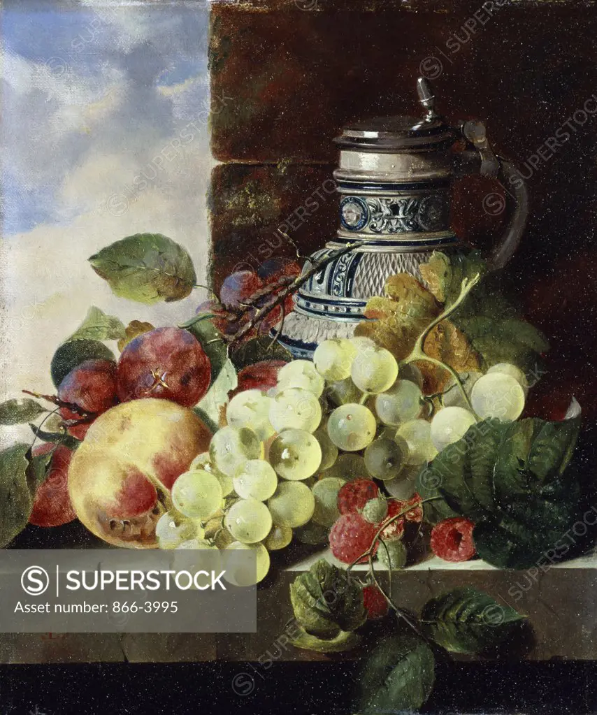 A Stein, Grapes, Raspberries and Plums on a Stone Ledge Edward Ladell (1821-1886/British) Christies, London