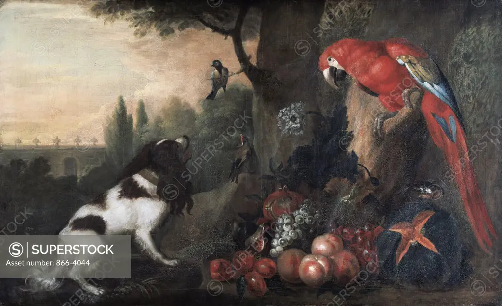 A Spaniel, Goldfinch, Chaffinch, Blue Tit And Fruit In An Ornamental Garden Jakob Bogdany (ca.1660-1724 Hungarian) Oil On Canvas Christie's Images, London, England