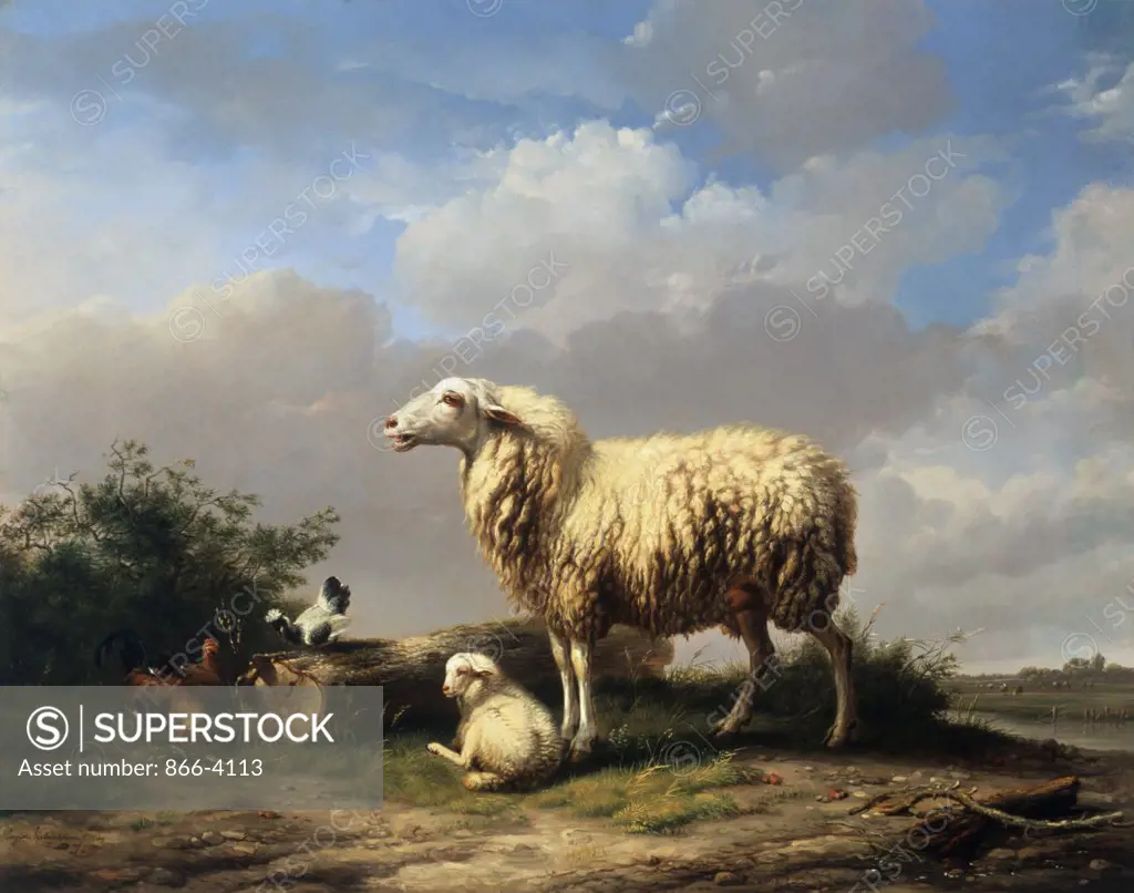 A Ewe, A Lamb and Chickens in a Landscape Eugene Verboeckhoven (1799-1881 Belgian) Oil on wood panel Christie's Images, London, England