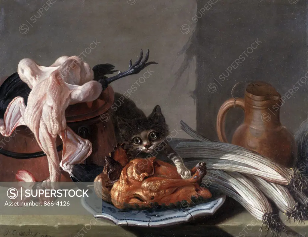 Cat seizing chicken on plate, by Jean-Baptiste Oudry, 1763, oil on canvas, (1686-1755), England, London, Christie's Images