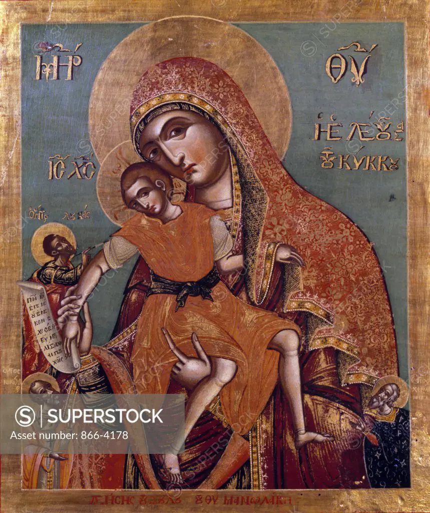 Greek Icon of Mother of God, Eleousa of Kykkos holding Christ Child, oil on wood panel, England, London, Christie's Images
