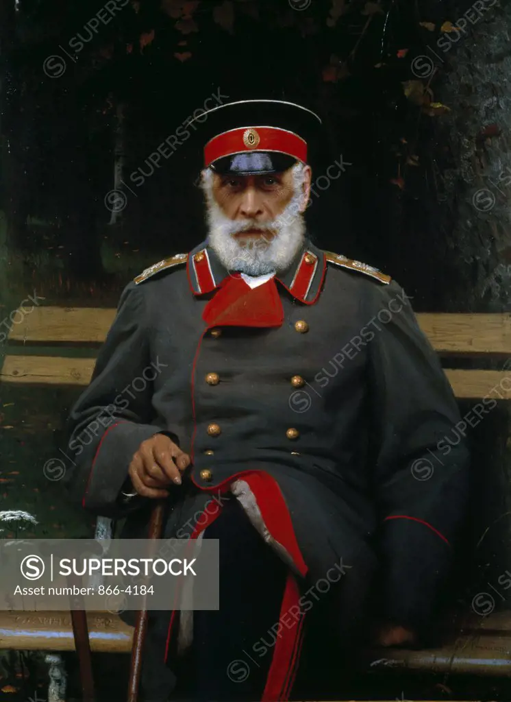 Portrait of Russian General on bench, by Ivan Nikolaevic Kramskoj, oil on canvas, (1837-1887), England, London, Christie's Images