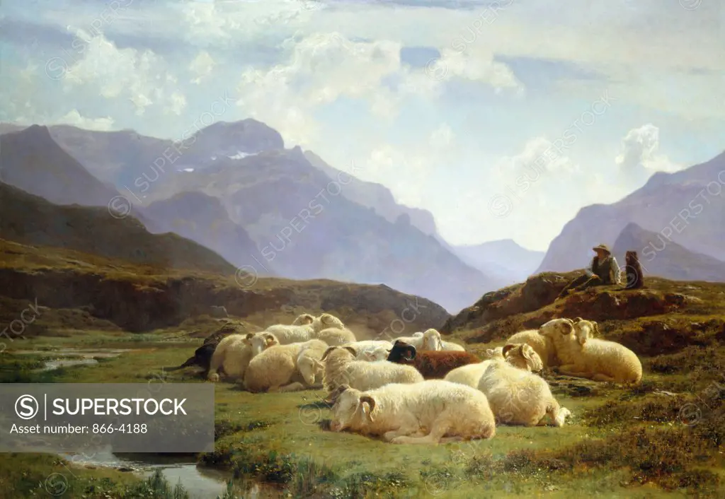 France, Pyrenees, Shepherd with flock of sheep near Canfranc Hill, by Auguste-Francois Bonheur, (1824-1884), England, London, Christie's Images
