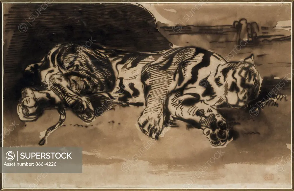 Tigre Couche Eugene Delacroix (1798-1863 French) Ink with Watercolor Christie's Images, London, England