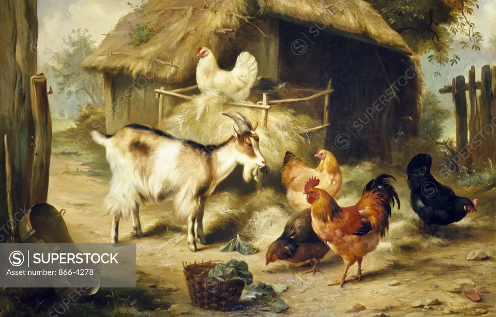 Goat and Chickens in farmyard, by Edgar Hunt 1904, oil on canvas, (1876-1953), England, London, Christie's Images