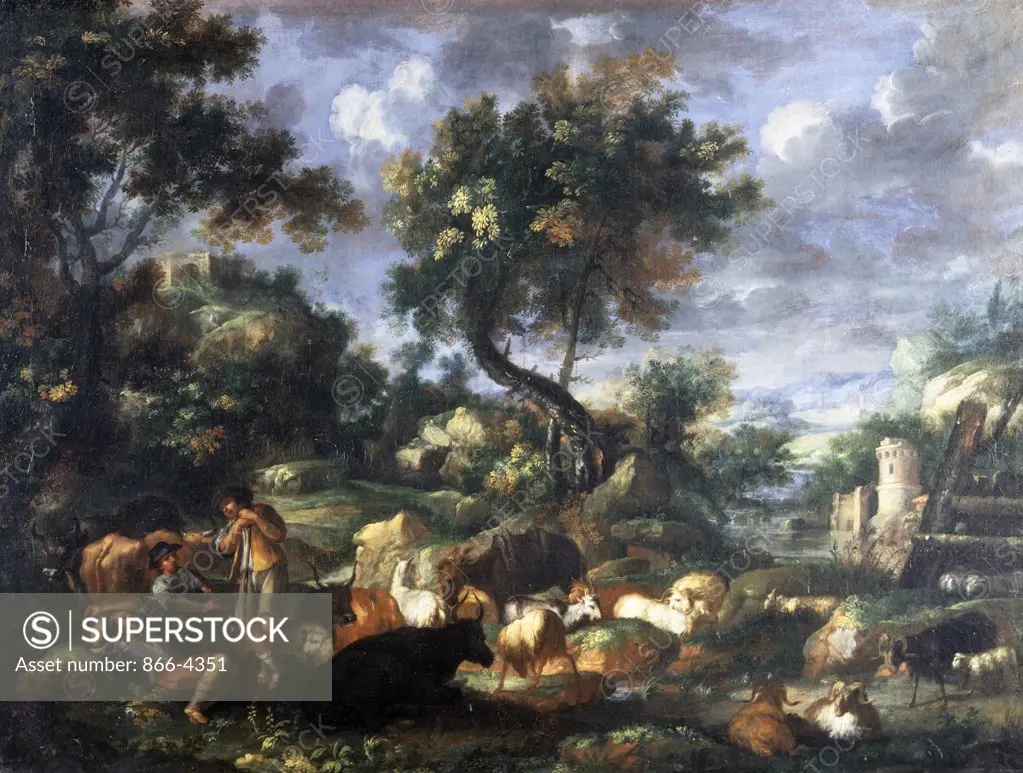 Wooded Landscape with Shepherds and their Flock by River by Pandolfo Reschi, painting, (1643-1699), UK, England, London, Christie's