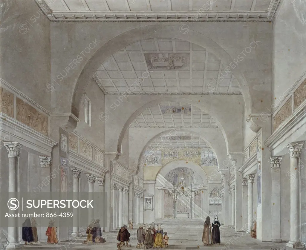 Pilgrims In The Nave Of Santa Prassede, Rome S.D. 1818 Franz Heger Pen, Ink, & Watercolor Christie's Images, London, England