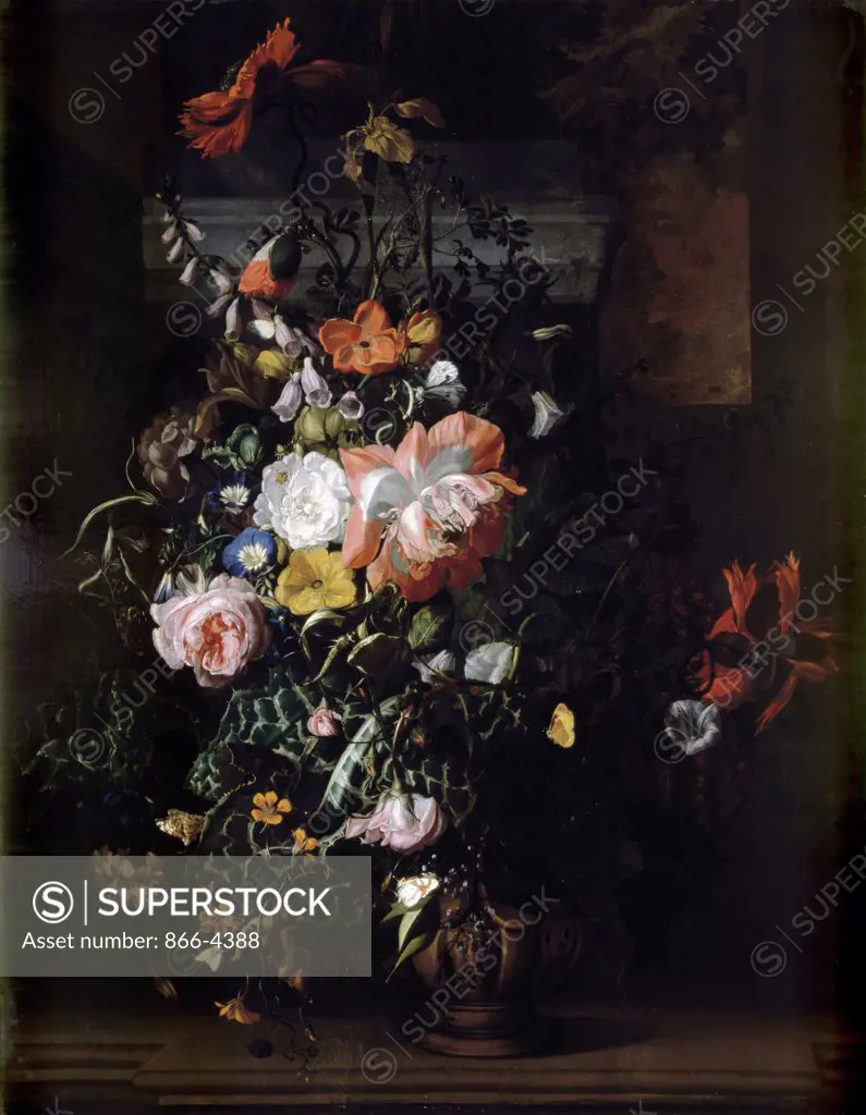 Roses, Convulvus, Canterbury Bells, Poppies and Other Flowers in an Urn on a Stone Ledge Rachel Ruysch (1664-1750/Dutch) Christie's, London 
