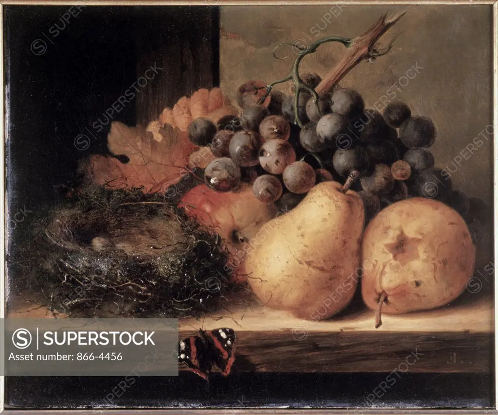 Still Life of Grapes, Pears, a Bird's Nest and a Butterfly on a Ledge Edward Ladell (1821-1886/British) Christies, London 