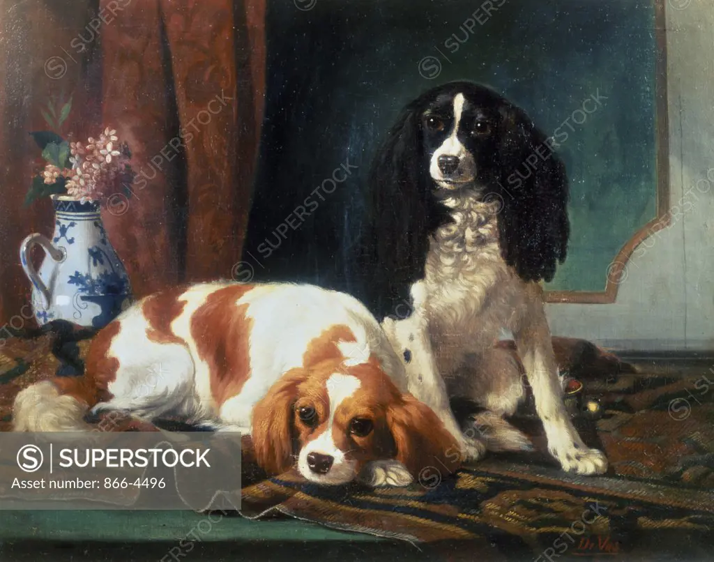 A Blenheim and a Tricolour King Charles Spaniel on a Persian Rug Vincent de Vos (1829-1875 Belgian) Oil on wood panel Christie's Images, London, England