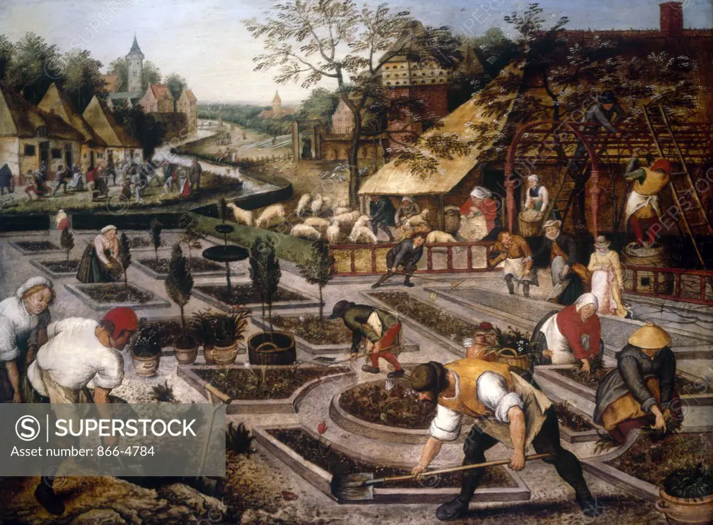 Spring: Gardeners, Sheep Shearers and Peasants Merrymaking Pieter Bruegel the Younger (ca.1564-1638/Flemish) Oil on Panel Christie's Images, London, England