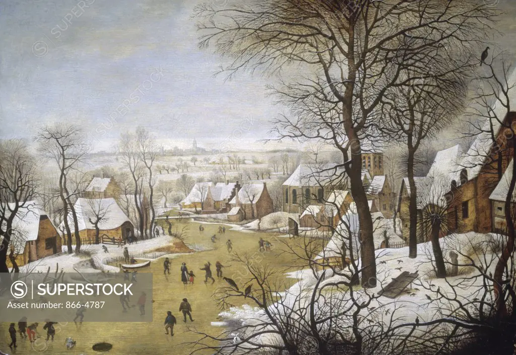 A Winter Landscape with Skaters and a Bird Trap Pieter Bruegel the Younger (ca.1564-1638/Flemish) Oil on Panel Christie's Images, London, England 