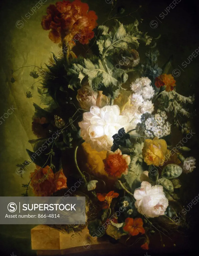 Flowers In A Sculpted Urn With Birds Nests On A Marble Ledge, A Wood Beyond Jan van Os (1744-1808 Dutch) Christie's Images, London, England