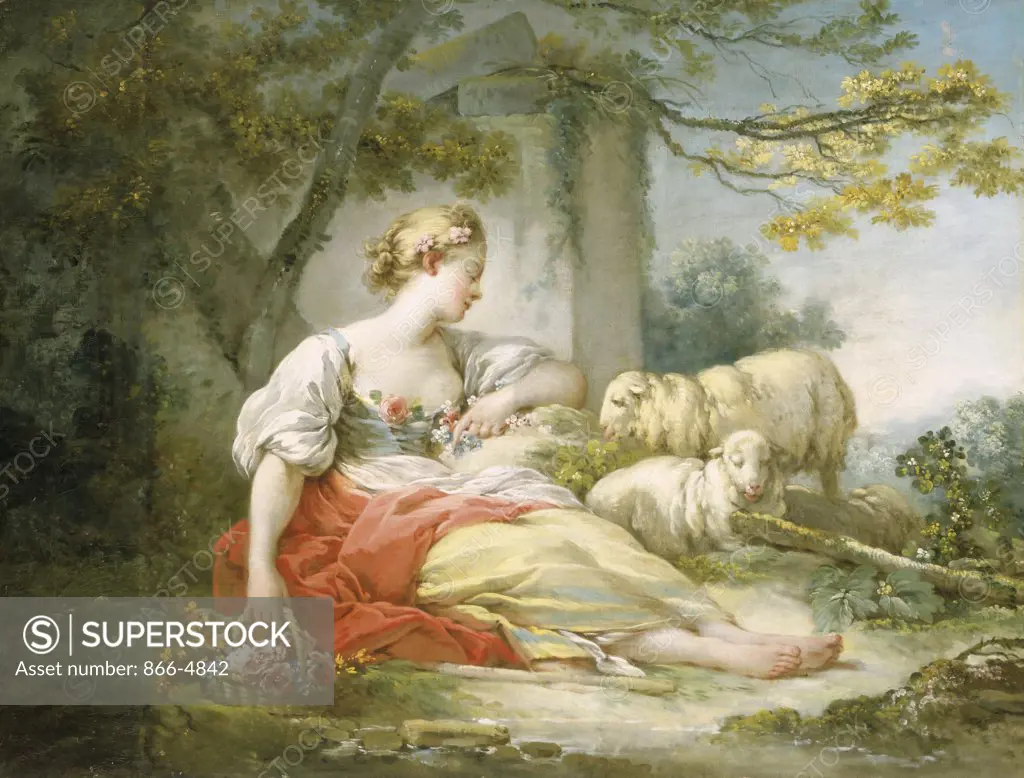 Shepherdess Seated with Sheep and a Basket of Flowers Near a Ruin in a Wooded Landscape  Jean Honor Fragonard  (1732-1806/French)  Christie's Images 