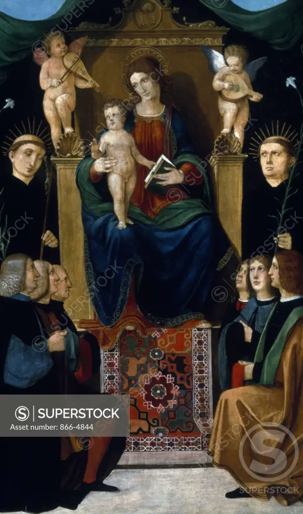 Madonna and Child Enthroned with Two Augustinian Beati, Two Music-Making Angels and Six Male Donors by Bernardo Zenale, painting, (1485-1526), UK, England, London, Christie's Images