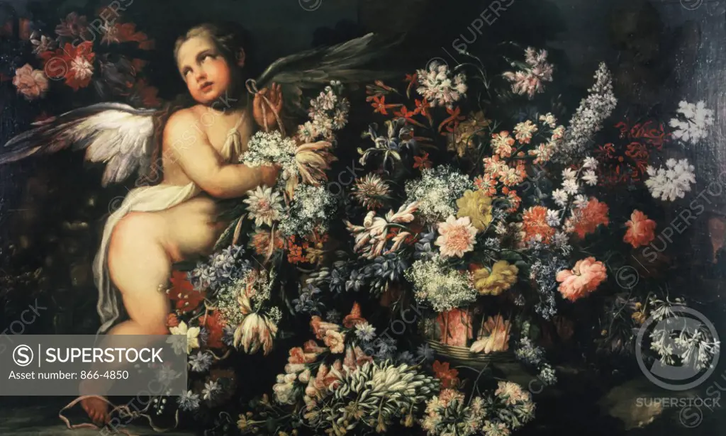 Flowers in and Around Basket with Winged Putto Making Garland by Felice Fortunato Biggi, painting, (a. 1650-1700), UK, England, London, Christie's Images