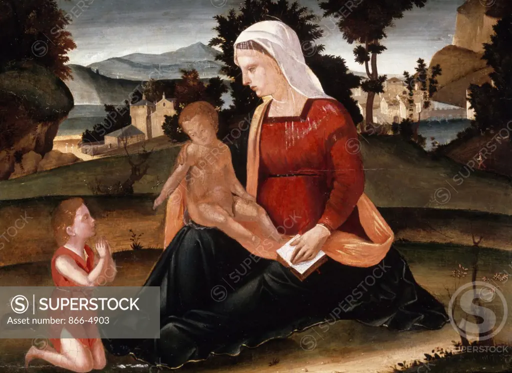 Madonna and Child with Infant St. John Baptist in Extensive Landscape by School of Andrea Previtali, oil on panel, (c.1470-1528), UK, England, London, Christie's Images