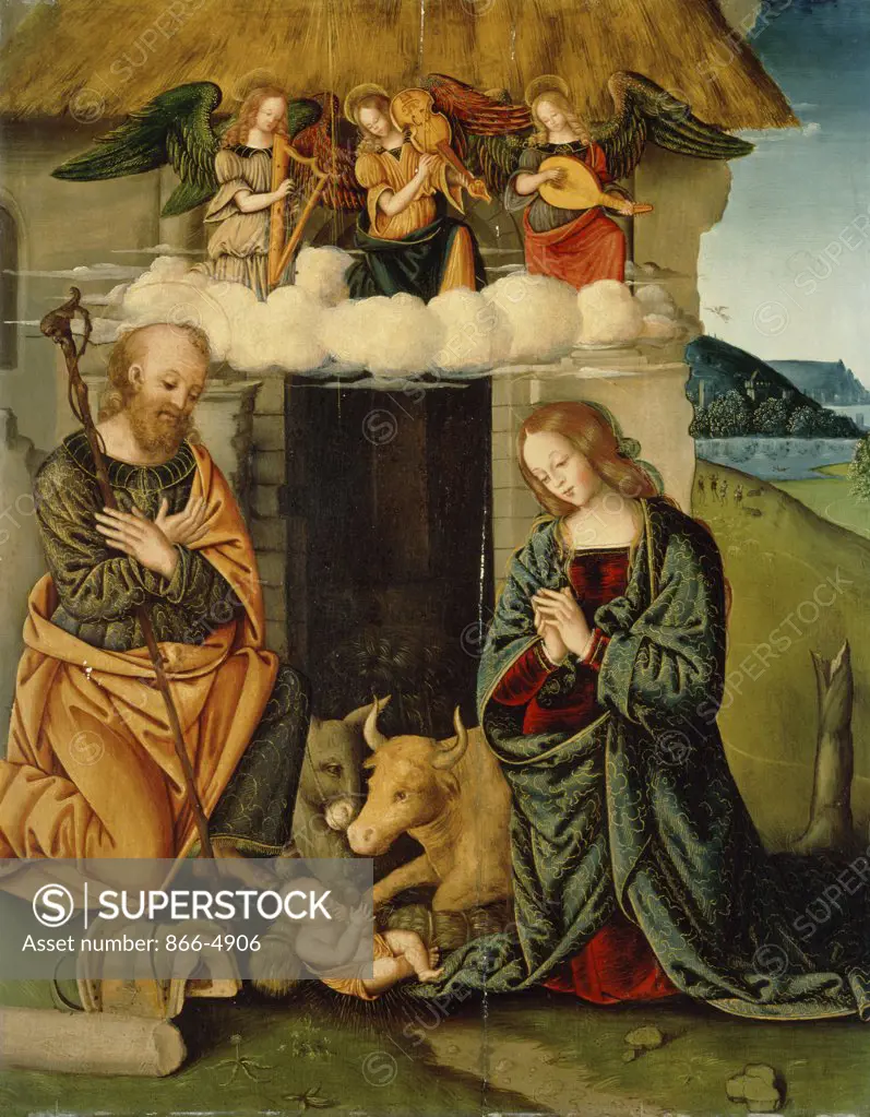 The Nativity with Music-Making Angels Above, Annunciation to the Shepherds Beyond  Circle of Giovan Battista Caporali act. (1497-1555 ) Christie's Images 