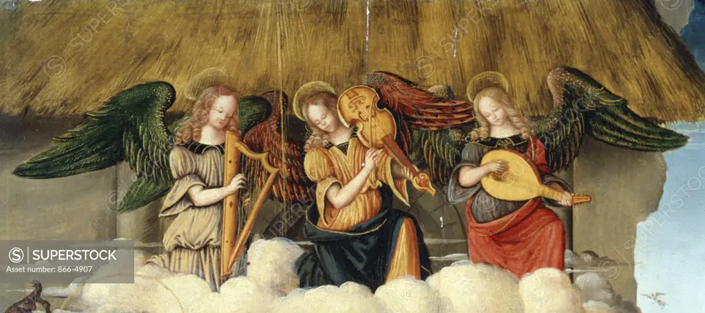 The Nativity with Music-Making Angels Above, Annunciation to the Shepherds Beyond (Detail)  Circle of Giovan Battista Caporali (act. 1497-1555 ) Christie's Images 