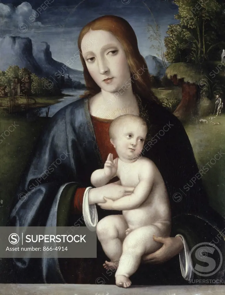 Madonna and Child, a Shepherd in an Extensive  River Landscape Beyond  Giacomo Francia (1486-1557/Italian)  Christie's Images  