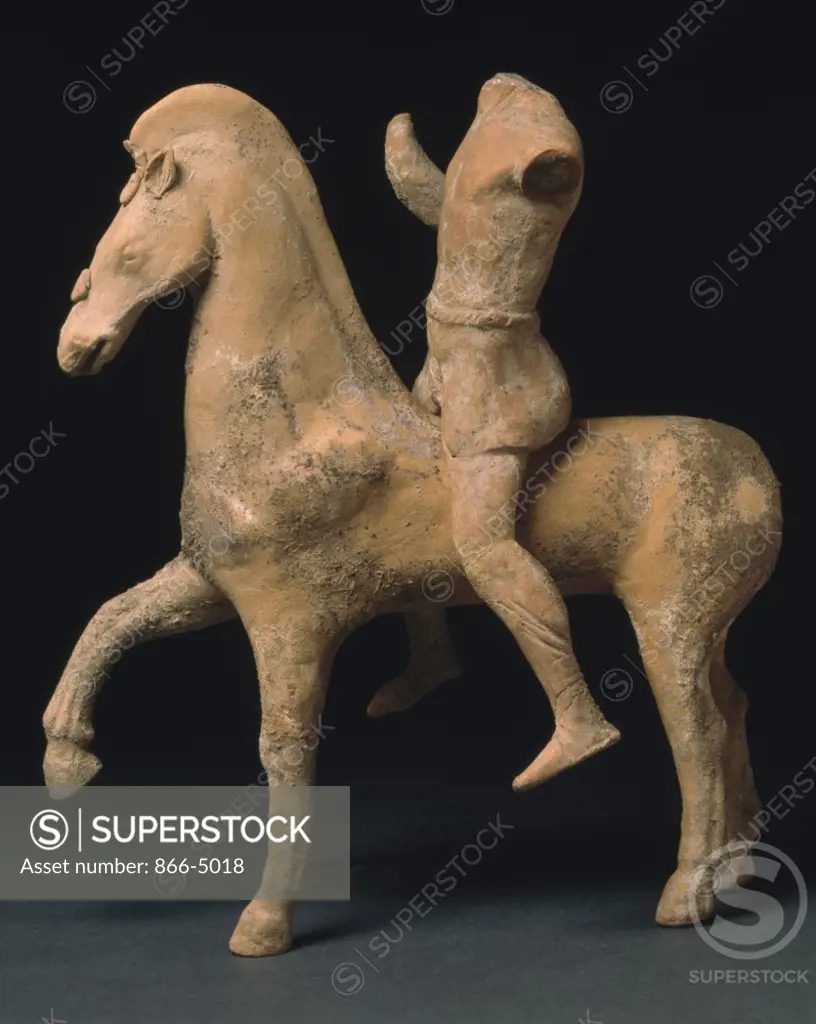 Greek Terracotta Figure of a Horse and a Rider  c. 4th C. B.C.  Greek Art 