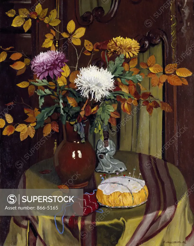 Chrysanthemes and Autumn Foilage Chrysanthemes et Feuillage D'automne 1922 Félix Edouard Vallotton (1865-1925 Swiss) Oil On Canvas Christie's Images, London, England