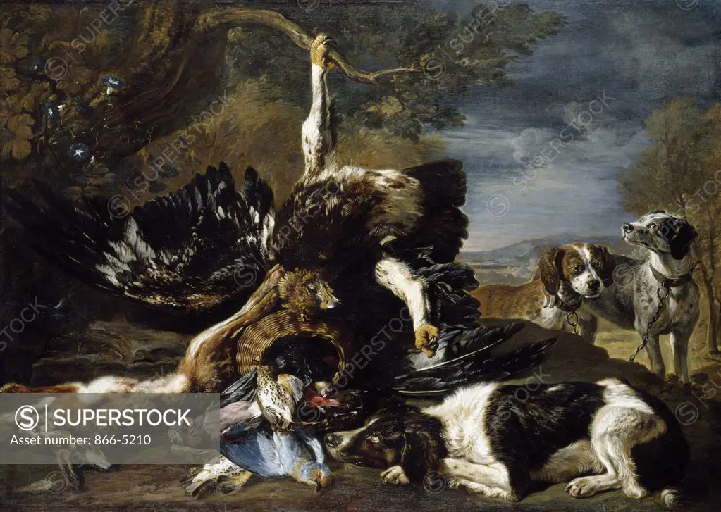 A Spaniel, An Eagle, A Hare And A Wicker Basket With A Jay, Finches And Other Birds Overlooked... Artist Unknown Oil On Canvas Christie's Images, London, England 