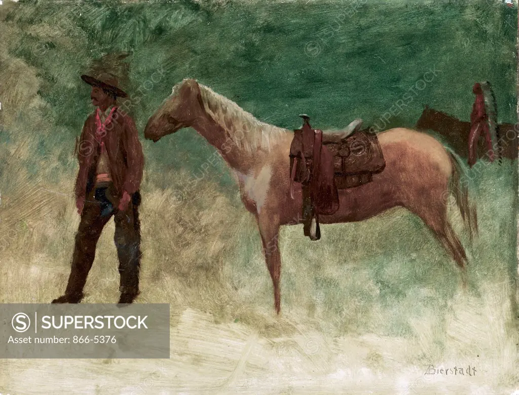 Standing Cowboy with Horse Albert Bierstadt (1830-1902 American) Oil on paper board