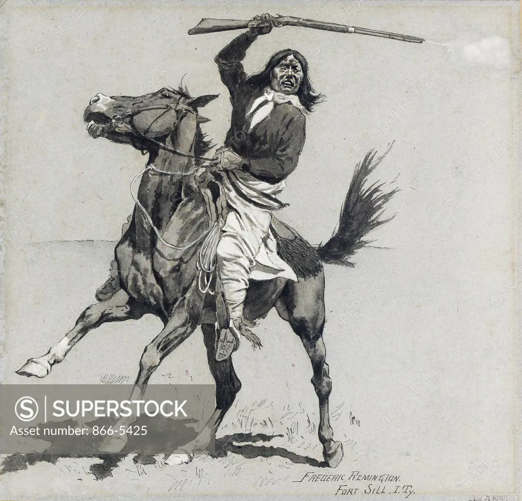 Kiowa Buck Starting a Race ca. 1889 Frederic Remington (1861-1909 American) Gouache and ink