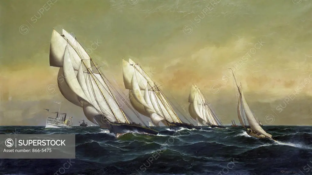 A New York Yacht Club Member's Race Between The Schooners Dreadnought, Estelle And Clio 1879 Antonio Jacobsen (1849-1921 American) Oil on canvas