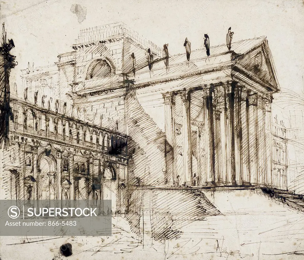 The Portico and Facade of an Elaborate Neo-Classical Building Giovanni Battista Piranesi (1720-1778 Italian) Pen & ink
