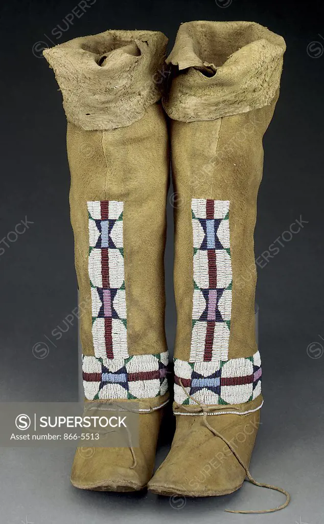 A Pair of Southern Arapaho Beaded Hide Hightop Moccasins Native American Art 