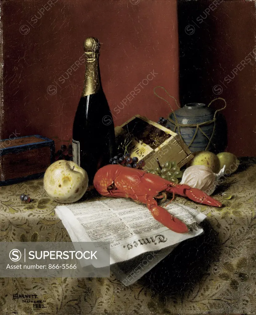 Still Life with Lobster, Fruit, Champagne and Newspaper William Michael Harnett (1848-1892 American) Oil on canvas