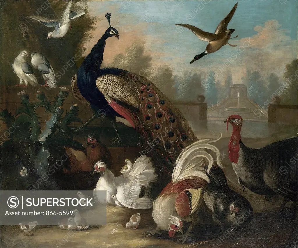 A Peacock and other Birds in an Ornamental Landscape Marmaduke(Attributed) Craddock (ca.1660-1717 British) Oil on canvas