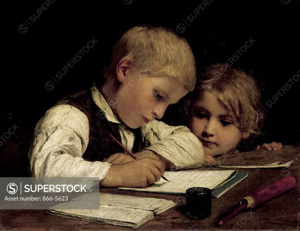 Schreibender Knabe Mit Schwesterchen, 1875 1875 Albert Anker (1831-1910 Swiss) Oil on canvas