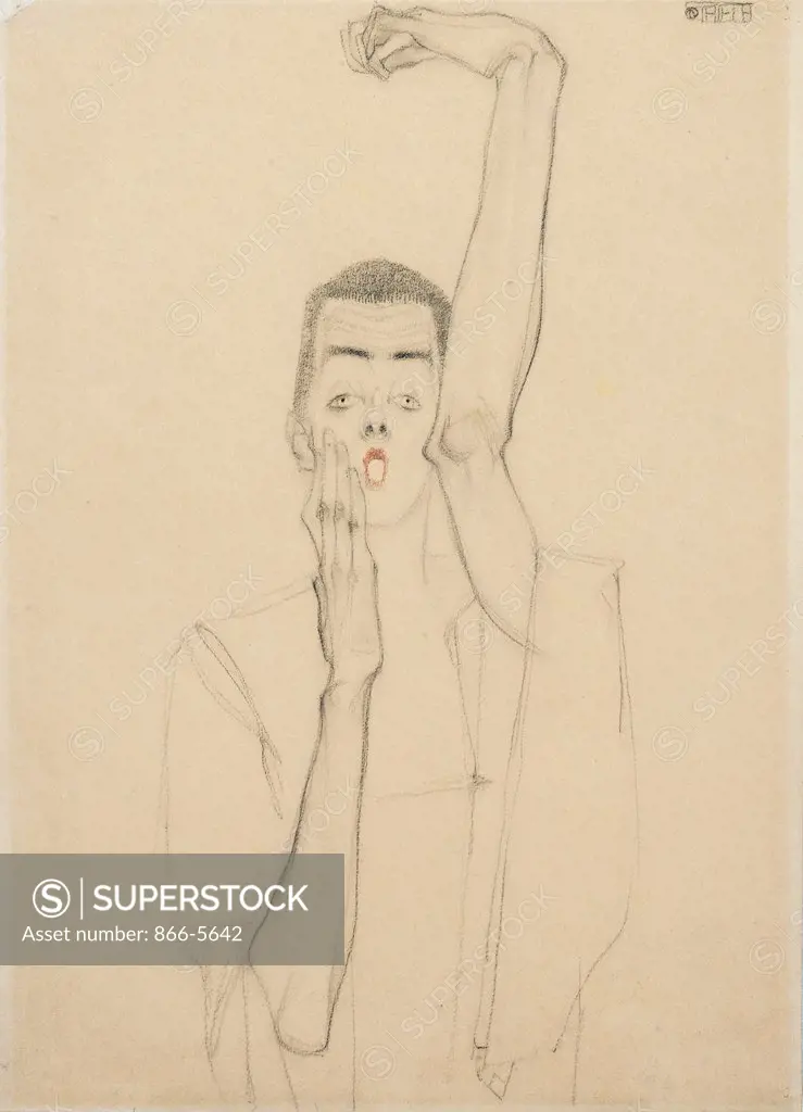Selbstbildnis Mit Erhobenem Linken Arm und Rotem Mund, Egon Schiele (1890-1918 Austrian) Charcoal & crayon