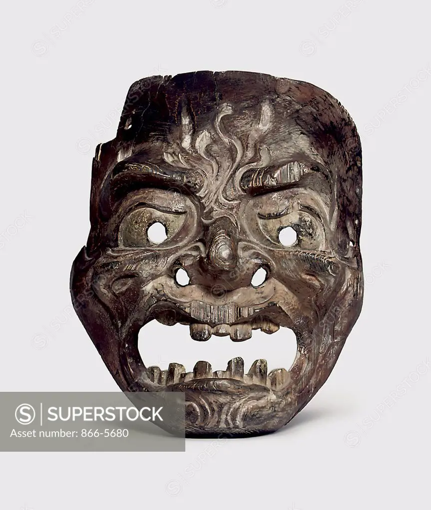 Wood Gigaku Mask, Kamakura Period (13th - 14th Century) Japanese Art Wood