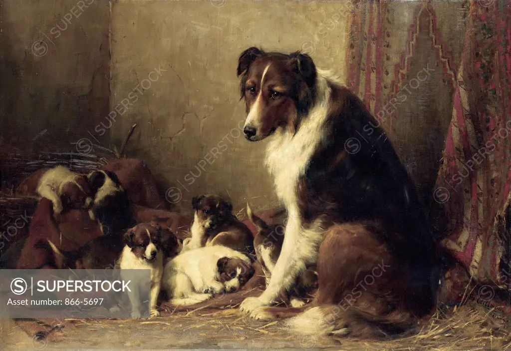 A Collie With Her Puppies Otto Eerelman (1839-1926 Dutch) Oil on canvas