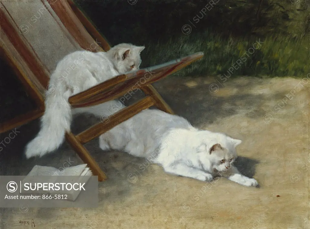 Two White Persian Cats With A Ladybird By A Deckchair.  Arthur Heyer (1872-1931) Oil On Canvas, 19th Century.