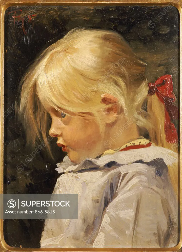 Portrait Of Ingeborg Treschow, Aged Three.  Frants Henningsen (1850-1908).  Oil On Board.