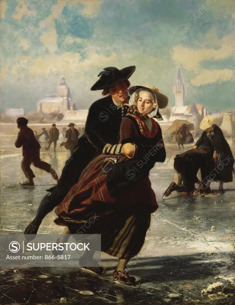 Lovers Skating. Adolf Alexander Dillens (1821-1877). Oil On Panel