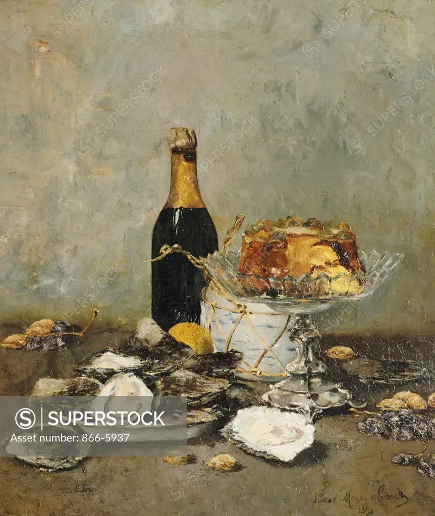 Oysters, Cake And A Bottle Of Champagne.  Victor Morenhout (Late 19th Century).  Oil On Canvas, 1891.  Catalogue No. 253c.