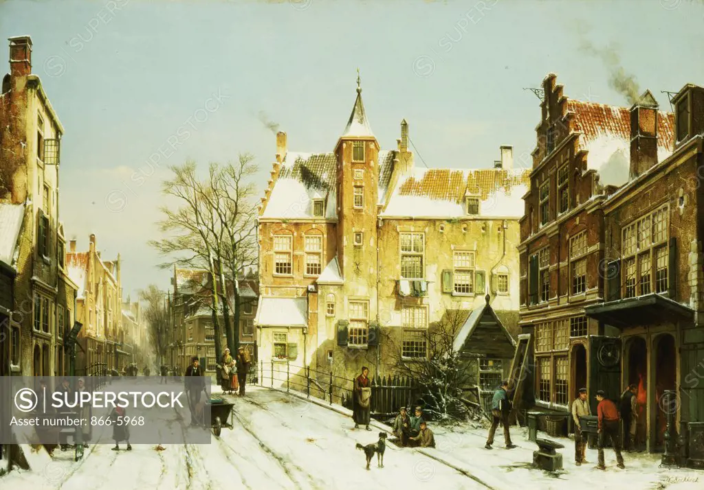 A Dutch Village In Winter.   Willem Koekkoek (1843-1890).  Oil On Canvas.