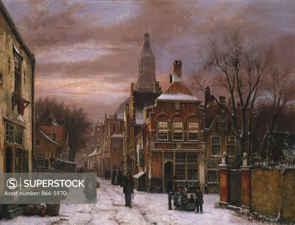 A Wintery Scene: A Dutch Street With Numerous Figures.  Willem Koekkoek (1839-1895). Catalogue No. 1669c.