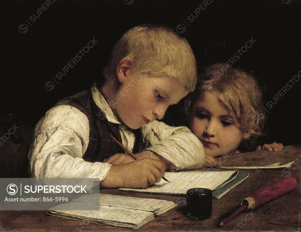 A Boy Writing. Schreibender Knabe Mit Schwesterchen. Albert Anker (1831-1910). Oil On Canvas, 1875.   45 X 58 Cm Painted In 1875