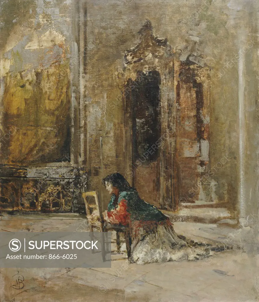 A Woman At Prayer In A Church.  Mose Bianchi (1840-1904). Oil On Canvas.