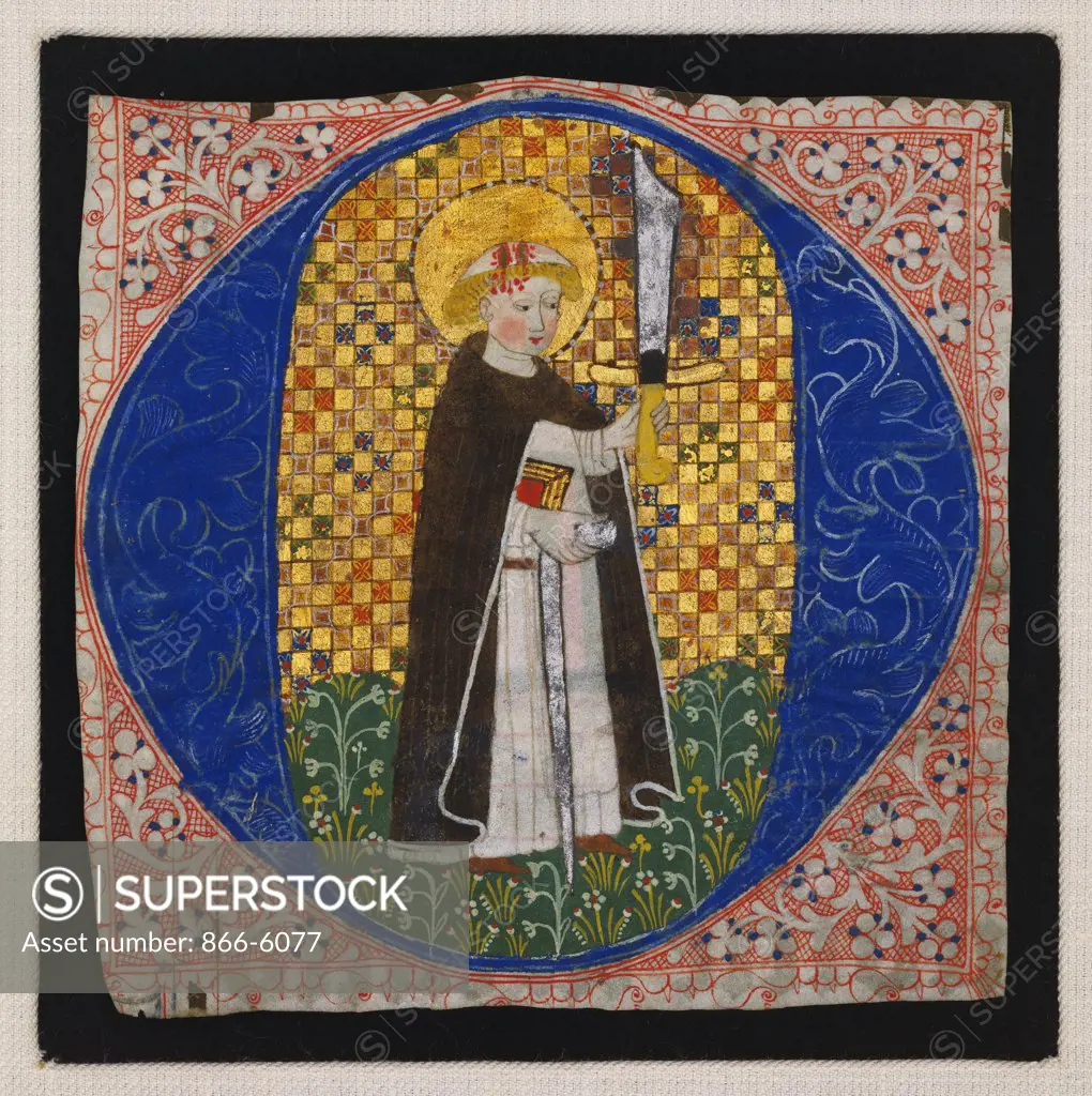 St. Peter Martyr. Historiated initial 'O' cut from an iluminated manuscript choirbook. Tyrol, Brixen Ca. 1440. on vellum, 141 X 143mm.